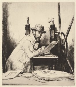 Bir gravür presine yaslanmış Muirhead Bone'un portresi by Francis Dodd
