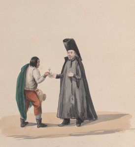 Peru kostümünü tasvir eden bir grup çizimden bir adama haç veren bir kanon, 1848. by Francisco