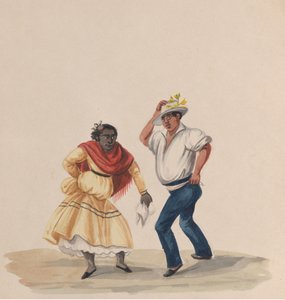 Peru kostümünü tasvir eden bir grup çizimden dans eden bir erkek ve bir kadın, 1848.