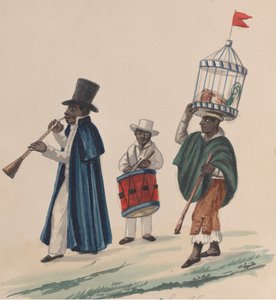 İki müzisyen ve kafasında kafeste bir horoz taşıyan bir adam, bir grup..., ca. 1848. by Francisco
