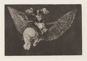 Los Disparates (Los atasözleri) dizisinden Seni Kanatlarıyla Kapan, Gagasıyla Isıran Dosttan Vazgeç olarak da bilinen Saçma El ilanı (Uçan Delilik) by Francisco de Goya