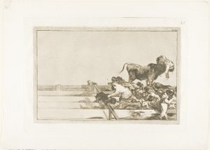 Madrid'de ringin ön sıralarında yaşanan korkunç olaylar ve Torrejón belediye başkanının ölümü, Boğa Güreşi Sanatı'ndan 21. plaka by Francisco Jose de Goya y Lucientes