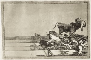 GOYA Y LUCIENTES, Francisco de (1746-1828). Madrid'de ringin ön sıralarında yaşanan korkunç olaylar ve Torrejon belediye başkanının 1801'de ölümü. 1816. "Boğa Güreşi Sanatı"nın 21. levhası. gravür İSPANYA. MADRİD (ÖZERK TOPLULUK). Madrid. by Francisco Jose de Goya y Lucientes