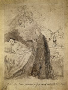 Aziz Francois (Francis) Borgia (1510-1578), ölmekte olan bir tövbesizin başucunda. Çizim 1788, Francisco de Goya y Lucientes (1746-1828). Ausuna ailesi tarafından görevlendirilen aynı başlığın resmi için eskiz. Prado Müzesi, Madrid.