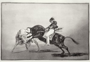 Aynı Mariano Ceballos, bir boğaya binmiş, kısa mızraklarını Madrid'de ringde kırıyor, 'The Art of Boğa Güreşi'nin 24. plakası, pub. 1816 (aşındırma) by Francisco Jose de Goya y Lucientes