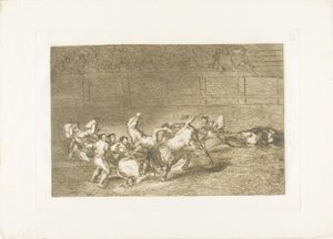 Tek bir boğa tarafından birbiri ardına fırlatılan iki pikador takımı, Boğa Güreşi Sanatı'ndan plaka 32 by Francisco Jose de Goya y Lucientes