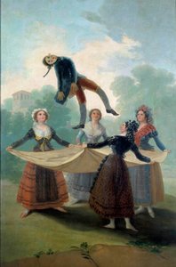 Genç kadın kuklası bir bez bebekle havaya fırlatıyor. Francisco de Goya (1746-1828) 1792, Sun tarafından tablo. 1,6x2,67 m Madrid, Musee du Prado - Kukla. Genç kızlar çarşaflı bir bez bebeği fırlatıyor. Francisco de Goya