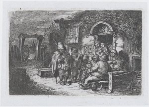 Levha 18: Bir meyhanenin dışındaki sokak müzisyenleri ve diğer şahsiyetler, bir dizi gümrükten ..., 1850.