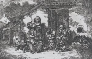 Levha 19: Gelenek..., 1850 serisinden bir evin dışında köpekle oynayan bir aile ve bir çocuk.
