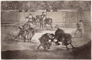 Boğa Güreşi: Bir boğa güreşçisi muleta yerine şapkayla boğayı öldürmek için arenaya girer by Francisco de Goya