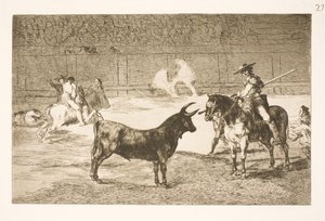 Ünlü pikador Fernando del Toro, mızrağıyla olme boğasını kışkırtıyor by Francisco de Goya