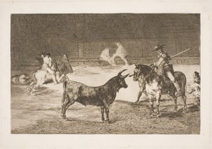 Ünlü pikador Fernando del Toro, mızrağıyla olme boğasını kışkırtıyor by Francisco de Goya