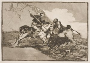 Eski İspanyolların at sırtında ovada boğa avlamaları gibi. by Francisco de Goya