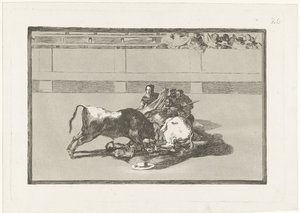 Bir pikador atından düştü ve boğanın altında yatıyor Caida de un picador de su caballo debajo del toro La Tauromaquia (dizi başlığı) Boğa Güreşi (dizi başlığı) by Francisco de Goya