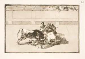 At tarafından bir pikador atılır ve boğanın altına düşer. by Francisco de Goya