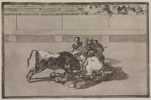 At tarafından bir pikador atılır ve boğanın altına düşer. by Francisco de Goya