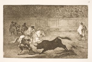 İspanyol bir binici saniyelerinin yardımıyla kısa mızrakları kırdı by Francisco de Goya