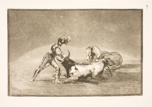 İspanyol bir binici atını kaybettikten sonra boğayı öldürdü by Francisco de Goya