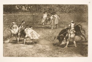 Bir yardımcının omuzlarına oturan bir boğa güreşçisi bir boğayı bıçaklıyor by Francisco de Goya