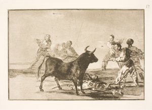İnsanlar boğayı mızrak, fok, banderilla ve diğer silahlarla bıçaklıyor. by Francisco de Goya