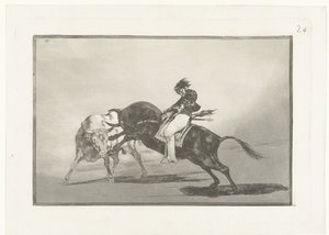 Mariano Ceballos, açık artırmada Aynı Ceballos başka bir boğaya binmiş Madrid meydanında rejones molaları Boğa Güreşi (dizi başlığı) Stierenvechten (dizi adı) by Francisco de Goya
