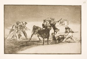 Moors, boynuzları mermilerle donatılmış boğaya karşı kendilerini savunmak için eşekleri bir bariyer olarak kullanıyor by Francisco de Goya