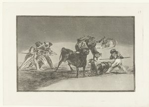 Bir boğayla savaşan Moors ve eşekler Palenque de los Moros hecho con burros para defans del toro embolado La Tauromaquia (dizi adı) Boğa Güreşi (dizi başlığı) by Francisco de Goya
