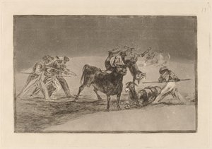 Palenque de los moros hecho con burros para defenderse del toro embolado (Moors, Boynuzları Toplarla Devrilen Boğaya Karşı Kendilerini Savunmak İçin Eşekleri Bariyer Olarak Kullanır) by Francisco de Goya