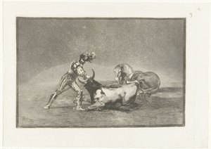 Stier üzerinde geniş binici doody Bir İspanyol şövalyesi atını kaybettikten sonra bir boğayı öldürdü Stierenvechten (dizi adı) Boğa Güreşi (dizi başlığı) by Francisco de Goya