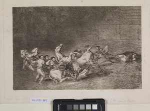 İki pikador takımı birbiri ardına tek bir boğa tarafından devrildi by Francisco de Goya