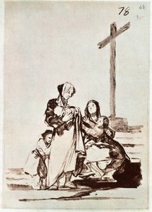 Kadınlar ve çocuklar bir haçın yanında (gravür) by Francisco de Goya
