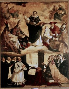 Sevilla'daki de Santo Tomas Koleji Belediye Başkanı için tablolar: Aquinas'lı Aziz Thomas'ın tanrılaştırılması veya kilise doktorlarıyla birlikte Aziz Thomas Aquinas'ın tanrılaştırılması by Francisco de Zurbaran