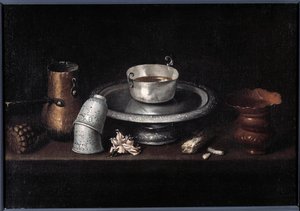 Çikolatalı fincan, bardakların natürmort çikolatalı kahvaltısı. Francisco de Zurbaran