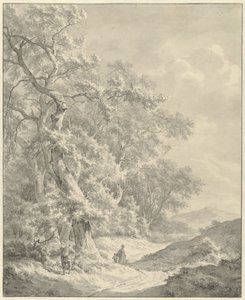 Orman boyunca bir yolda yürüyüşçüler ile manzara by Franciscus Andreas Milatz
