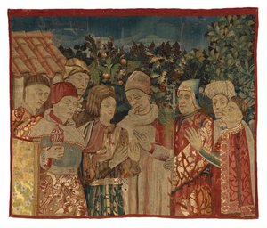 Sekiz figürlü, kimliği belirlenemeyen duvar halısı parçası, Muhtemelen bir Tartışma, 15. yüzyılın 2. yarısı (yün)