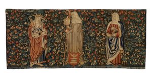 Mille fleurs duvar halısı, sunak cephesi, üç azizin, St Anne, St Clare ve St Euphemia'nın tasvir edildiği, 1500 dolaylarında yapılmış, Fransız veya Flaman (yün)