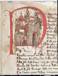 Bayan Est 27 W 8.17 f.1r Nicola da Casola tarafından Attila Savaşı'ndan Aquila şehrini yakan Hun Attila'yı (c.406-453) betimleyen tarihi ilk betimleme by Franco-Italian School