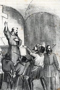 Dördüncü Venedik-Osmanlı Savaşı: Kilise, Yunanistan'ın Patras Körfezi'nde 7 Ekim 1571'de çıkan İnebahtı deniz savaşının arifesinde Müslümanları yenmeye çağırıyor (Hıristiyan koalisyonu, Osmanlılar'da İnebahtı Savaşı'ndan bir gün önce) by Franco Mistrali