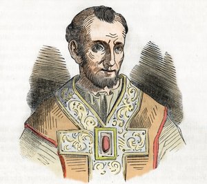 Orta Çağ: Büyük Papa I. Nicholas'ın (Nicola I, Nicholas veya Nicolo veya Niccolo veya Nicolaus) (858-867) temsili, Franco Mistrali'nin 1843 tarihli "I misteri del vaticano" adlı eserinden çizim