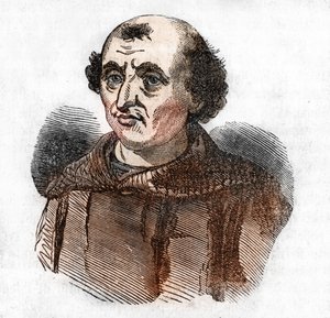 Arnaud de Brescia'nın Portresi (Arnaldo da brescie) (1090 - 1155), İtalyan siyasi ve dini reformcu (Brescia'lı Arnold veya Lombardiya'dan arnaldus İtalyan canon müdavimi) Franco Mistrali'nin “Misteri del vaticano” adlı eserinden çizim by Franco Mistrali