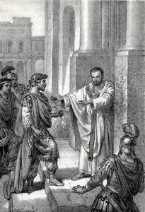 Milano Başpiskoposu Aziz Ambrose (Aurelius Ambrosius, Ambrogio di Milano (340-397), Roma imparatoru I. Theodosius'a (Flavius Theodosius) (347-395) 390'da Selanik katliamından dolayı onu cezalandırmak için kilisenin girişini yasakladı - Excommunicat by Franco Mistrali