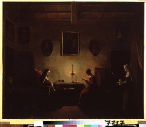 "İç Mekan" Bir manastırdaki sahne, mum ışığında kitap okuyan genç bir kız, odada iki rahibe var. Francois Marius Granet