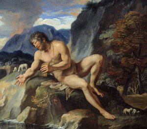 Pan flütlü Tepegöz Polypheme, “” Acis ve Galatee” detayı”” Perisi Galatee ve Acis, pastoral aşklarını kıskanan Cyclops Polypheme tarafından gözlemlenir. Ovid