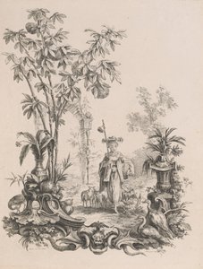 Koyunlarıyla çevrili yürüyen genç Çinli kız, ca.1740-50.