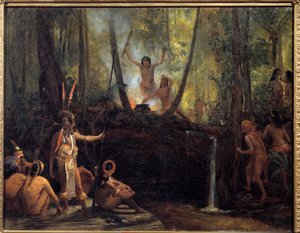 Brezilya ormanında kürar üretimi Amazon ağaçlarının asmalarından alınan ve felce neden olan bir madde olan kürarın ekstraksiyonu. Francois Auguste Biard'ın (1799-1882) tablosu 19. yüzyıl La Rochelle, Musee du Nouveau Monde