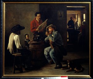 Kabare iç Bir meyhanede oturan iki adam gazete okumasını dinliyor. Francois Bonvin (1817-1887) 1859 Arras, Musee des Beaux Arts tarafından yapılan resim. by François Bonvin