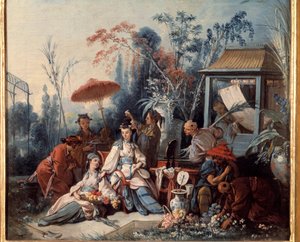 Hizmetçilerle çevrili genç bir kadını betimleyen Çin Bahçesi Sahnesi. Francois Boucher (1703-1770) tarafından yapılan boyama by François Boucher