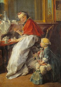Anne ve kızı. “Kahvaltı”nın detayı. Bir kız ve oyuncak bebekleri, annesini sıcak çikolata içerken izliyor. Francois Boucher (1703-1770) tarafından yapılan boyama by François Boucher