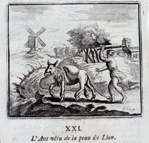 Aslan postu giyen eşek. Jean de La Fontaine