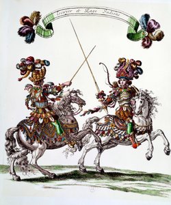 Indian Ecuyer and page during the carousel given by King Louis XIV (1638-1715) in 1662 to the Tuileries to celebrate the birth of the Dauphin. Engraving by Francois Chauveau (1613-1676) 17th century Private Collection